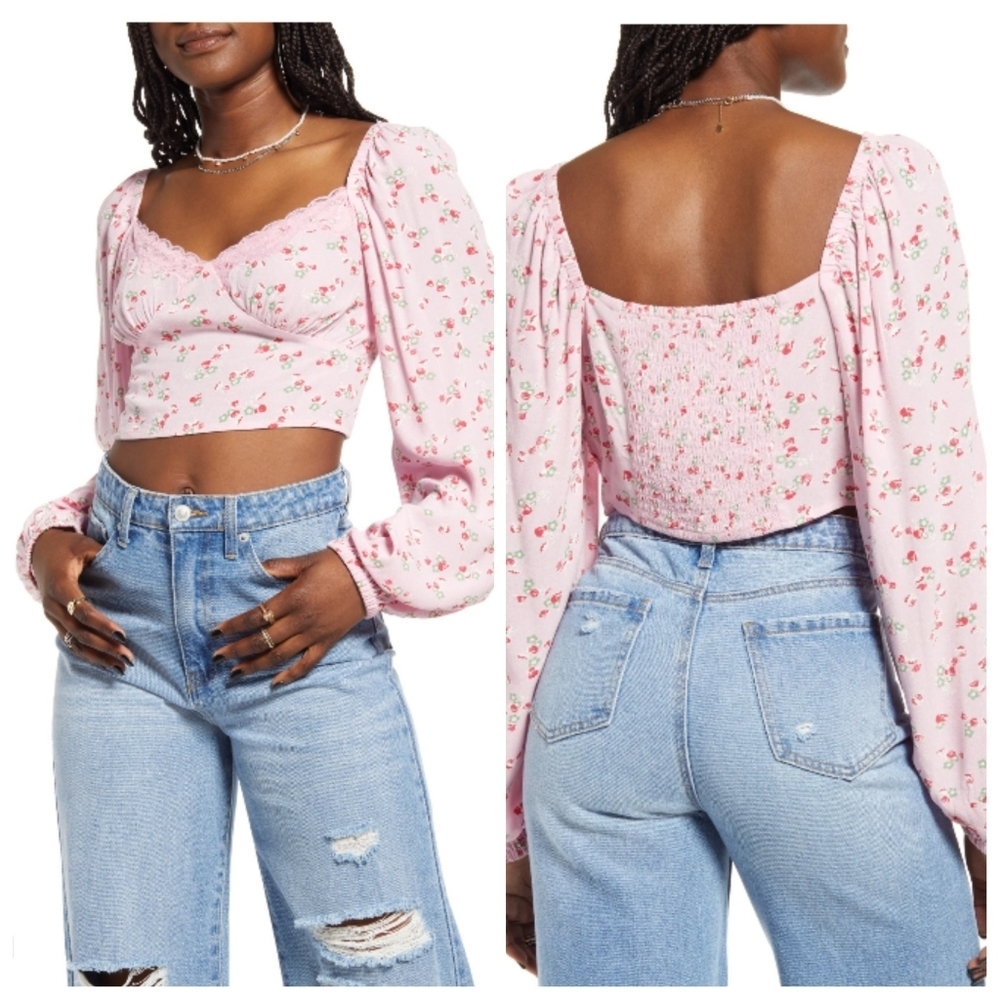 BP Crop Top Women's Small Pink Floral Balloon Sleeves Ruching Shirt Top Dazzle 5